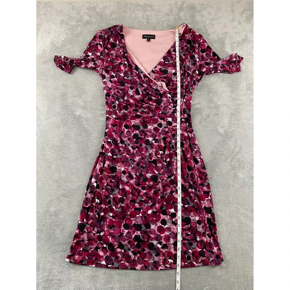 Connected Apparel Womens Pink Purple Abstract Dot Faux Wrap Ruched Dress Size 12